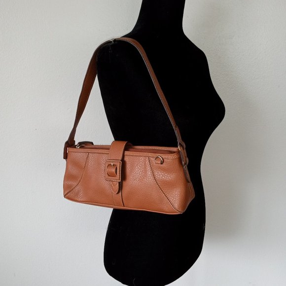 Vintage '90s LIZ CLAIBORNE Tan Leather Baguette Flap Closure w Buckle - Picture 1 of 11